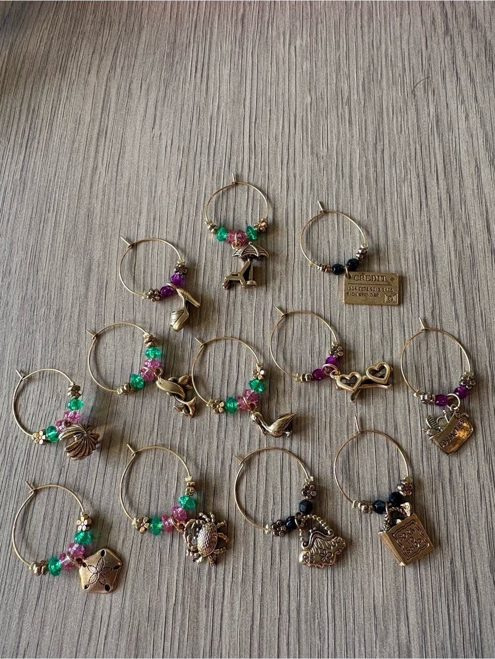 Gold-Tone Charm Wine Glass Markers - Set of 12, Pink & Green Beads